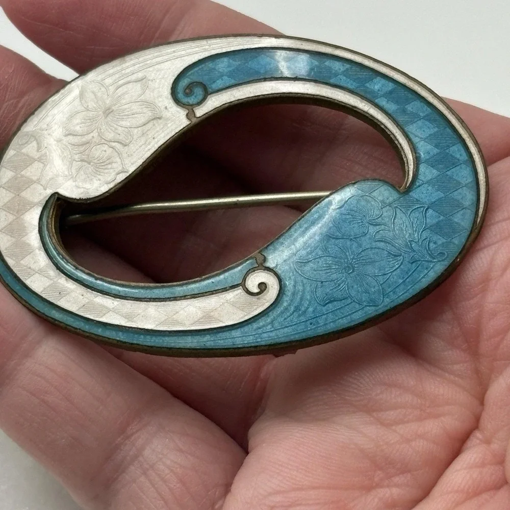 Vintage Guilloche Enamel Sash Pin Brooch Blue White Art Nouveau Unsigned